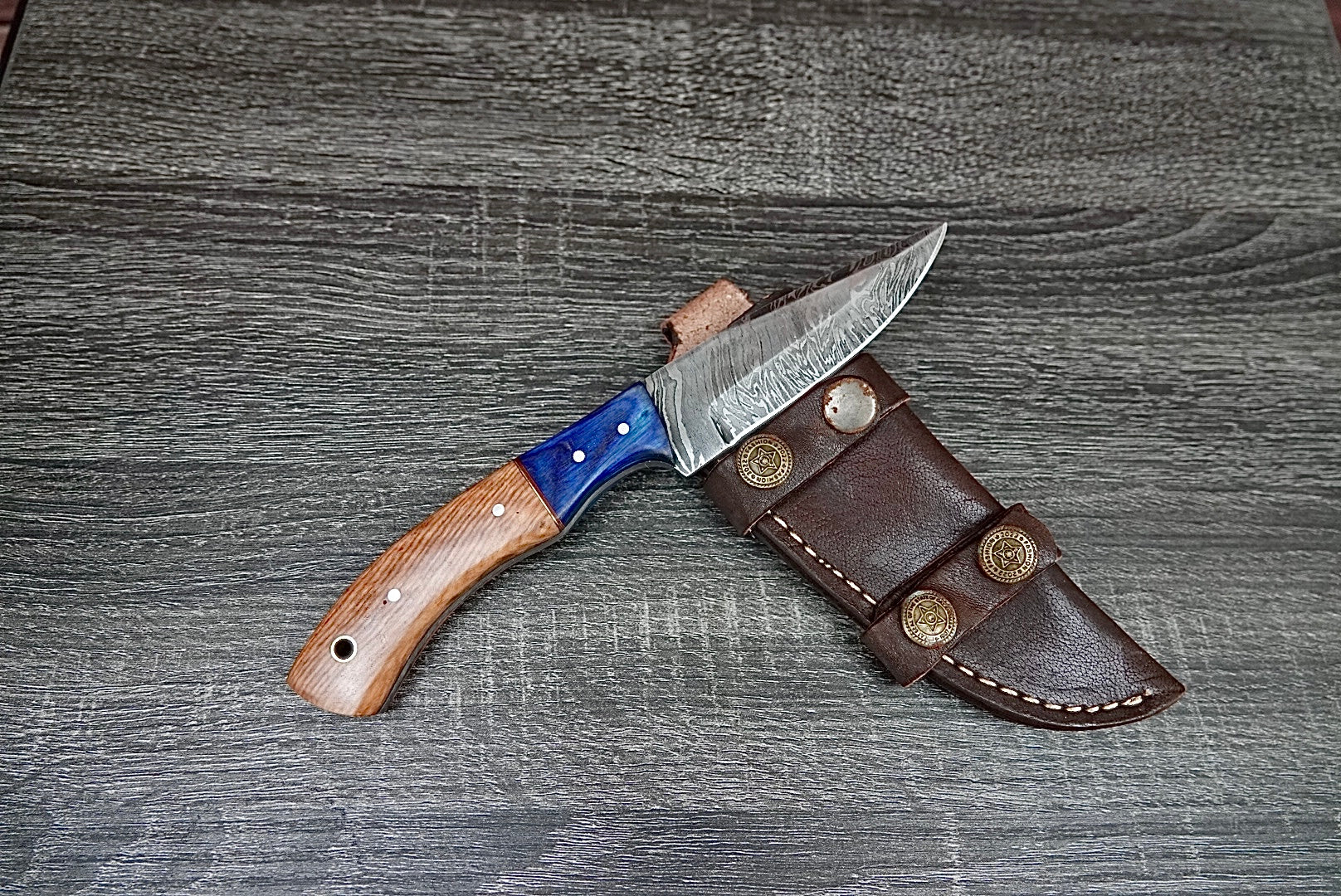 Handmade Skinner Knife Fire Damascus Olive Wood Wooden Bolster Hunter