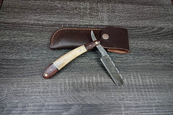 Custom Razor Knife Fire Damascus Bone Wooden Bolster Hunter