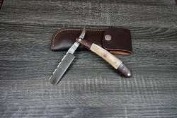 Custom Razor Knife Fire Damascus Bone Wooden Bolster Hunter