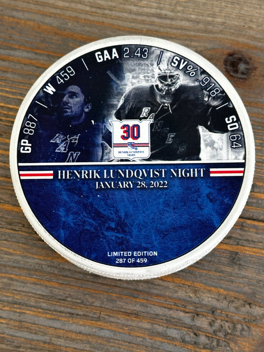 NY Rangers Henrik Lundqvist retirement night player stat puck /459