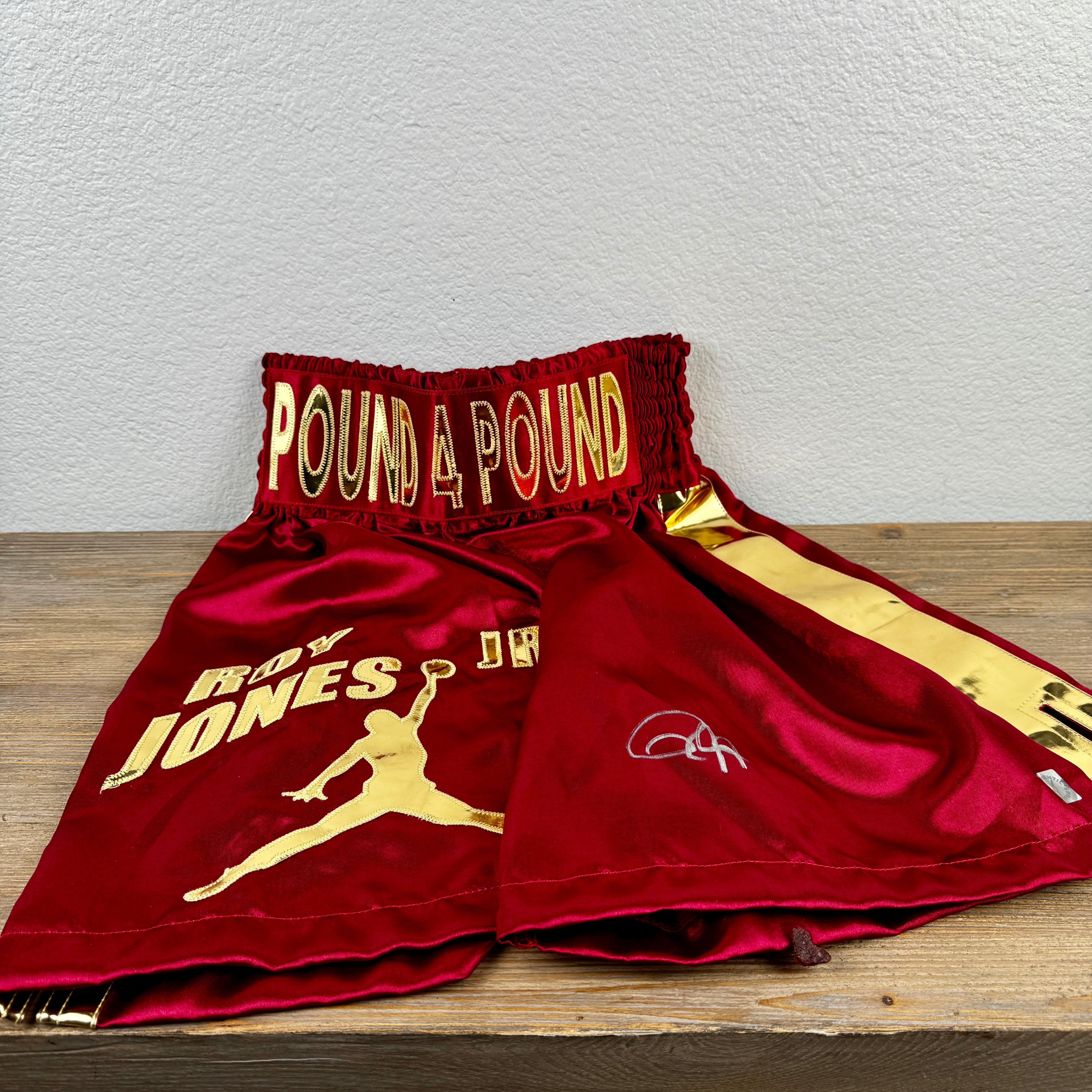 Roy Jones Jr signed burgundy Pound for Pound shorts ASI Proof