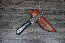 Handmade Damascus Steel Hunting Survival EDC knife Horn Handle, Leather Sheath