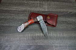 HAND MADE DAMASCUS BLADE FOLDING POCKET KNIFE - BACK LOCK -WOOD HANDLE