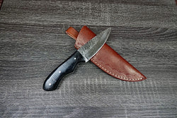 Handmade Damascus Steel Hunting Survival EDC knife Horn Handle, Leather Sheath